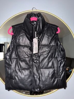 Women's Black Faux Leather Puffer Vest - Stylish Sleeveless Coat